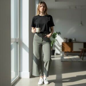 Olive Green Wide-Wale Corduroy Cropped Pants Soft High Rise Wide Leg Casual